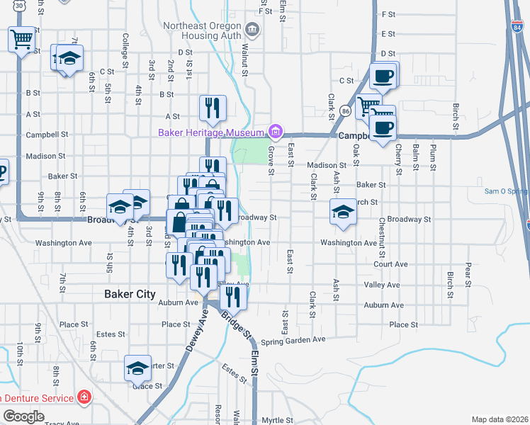 map of restaurants, bars, coffee shops, grocery stores, and more near 1704 Broadway Street in Baker City