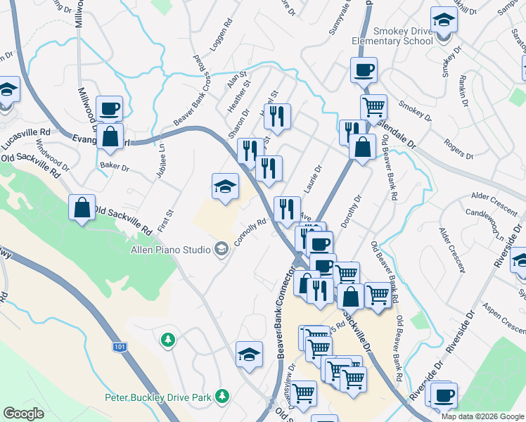 map of restaurants, bars, coffee shops, grocery stores, and more near 928 Sackville Drive in Middle Sackville