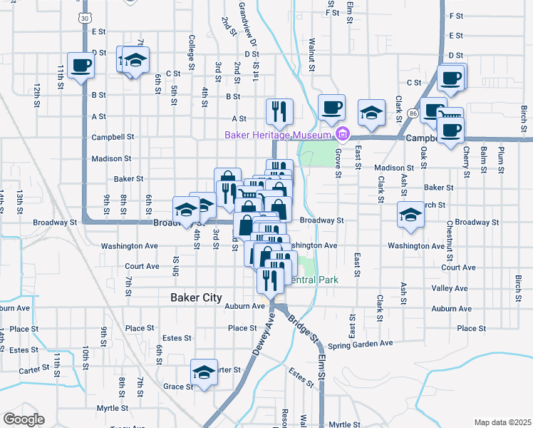 map of restaurants, bars, coffee shops, grocery stores, and more near in Baker City