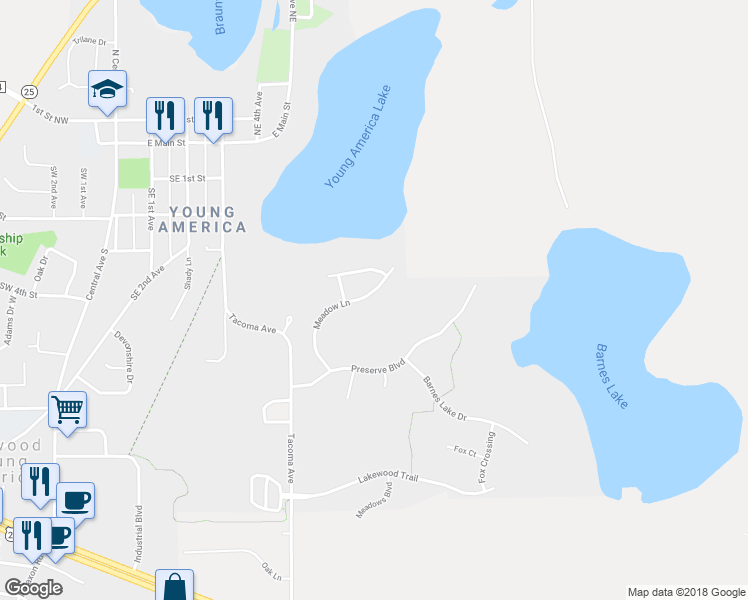 map of restaurants, bars, coffee shops, grocery stores, and more near 416 Meadow Lane in Norwood Young America