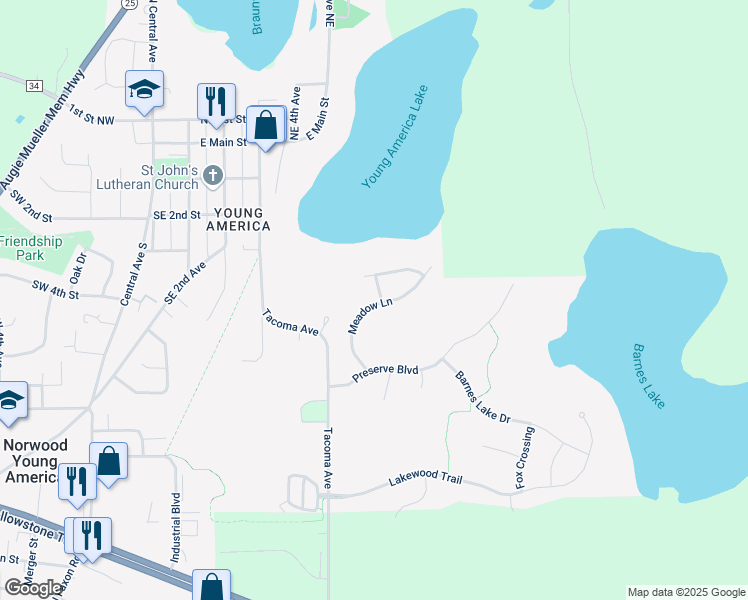 map of restaurants, bars, coffee shops, grocery stores, and more near 498 Meadow Lane in Norwood Young America