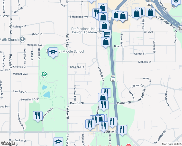 map of restaurants, bars, coffee shops, grocery stores, and more near 3749 Justin Lane in Eau Claire