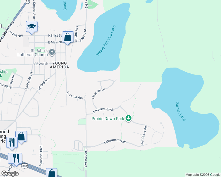 map of restaurants, bars, coffee shops, grocery stores, and more near 416 Meadow Lane in Norwood Young America