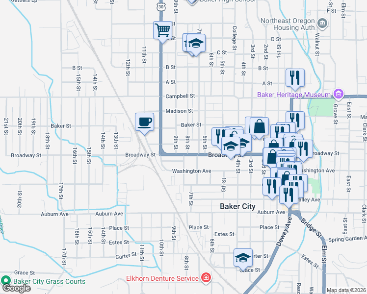 map of restaurants, bars, coffee shops, grocery stores, and more near 2125 8th Street in Baker City