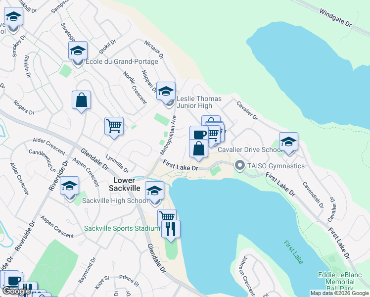 map of restaurants, bars, coffee shops, grocery stores, and more near 30 Lakehead Court in Lower Sackville