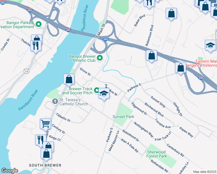 map of restaurants, bars, coffee shops, grocery stores, and more near 19 Park Avenue West in Brewer