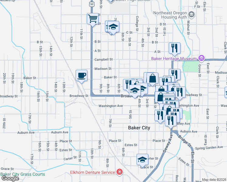 map of restaurants, bars, coffee shops, grocery stores, and more near 2127 7th Street in Baker City