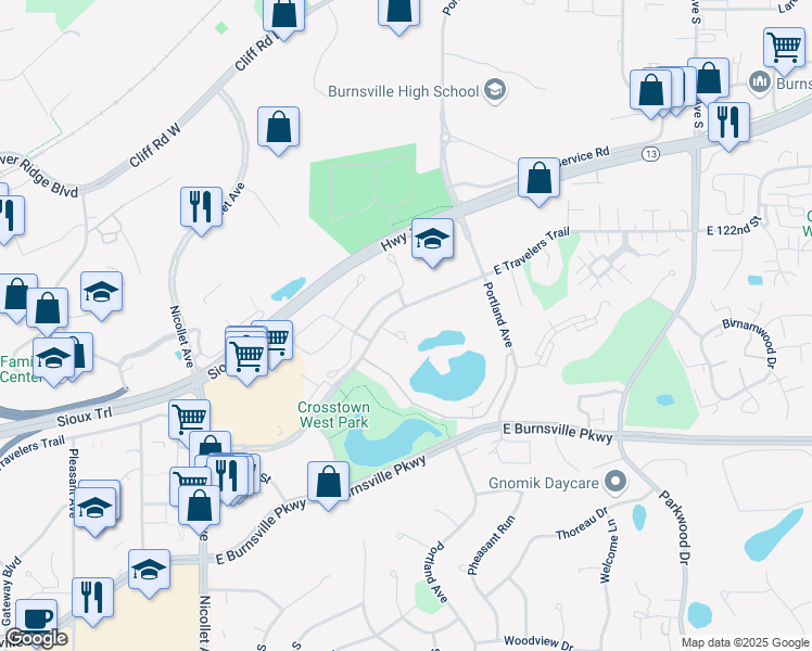 map of restaurants, bars, coffee shops, grocery stores, and more near 453 East Travelers Trail in Burnsville