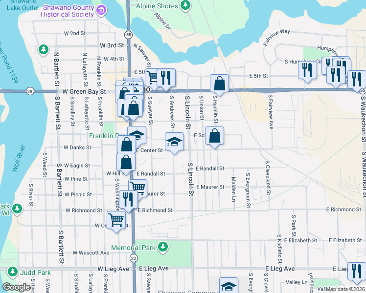 map of restaurants, bars, coffee shops, grocery stores, and more near 313 East Center Street in Shawano