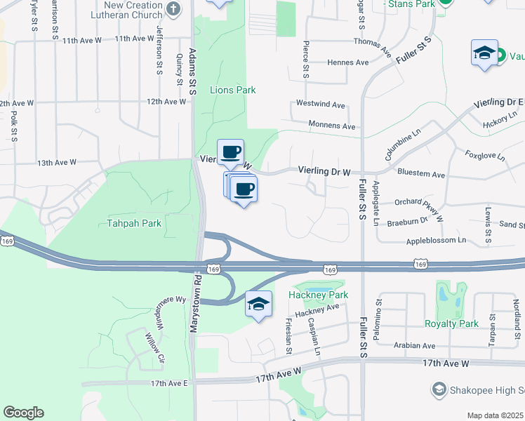 map of restaurants, bars, coffee shops, grocery stores, and more near 1601 Harvest Lane in Shakopee