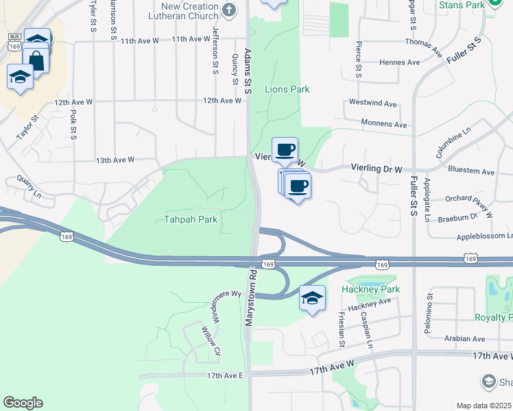map of restaurants, bars, coffee shops, grocery stores, and more near County Highway 15 in Shakopee