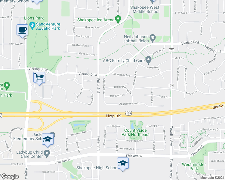 map of restaurants, bars, coffee shops, grocery stores, and more near 432 Orchard Parkway in Shakopee