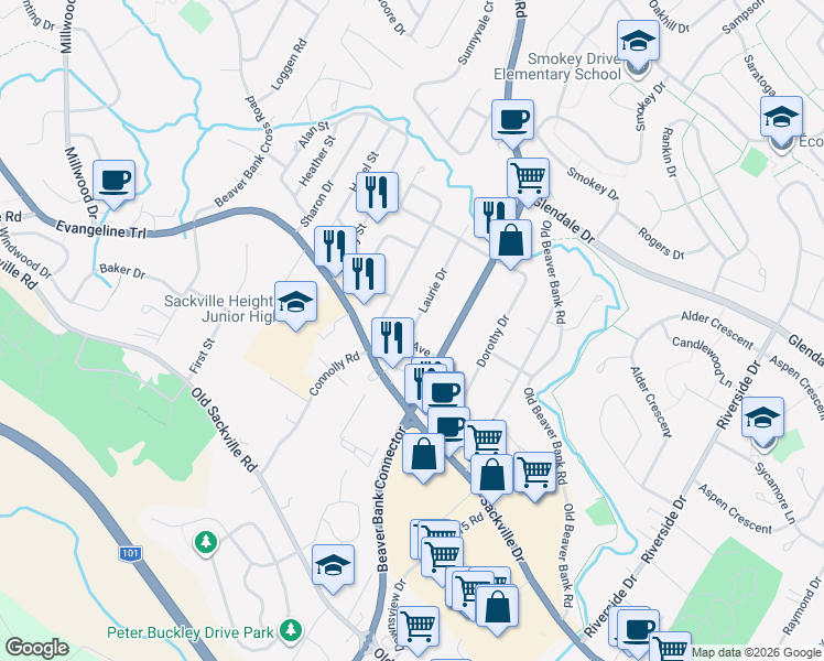 map of restaurants, bars, coffee shops, grocery stores, and more near 1 Laurie Drive in Lower Sackville