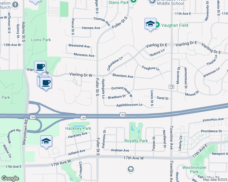 map of restaurants, bars, coffee shops, grocery stores, and more near 386 Braeburn Drive in Shakopee