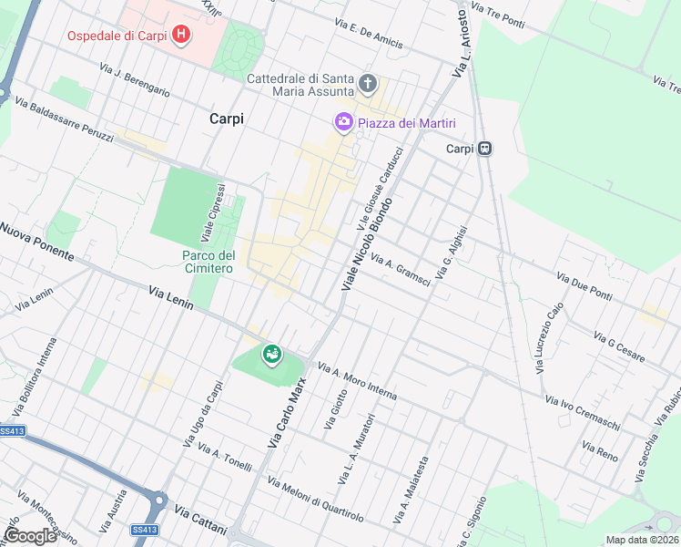 map of restaurants, bars, coffee shops, grocery stores, and more near Viale Nicolò Biondo in Carpi