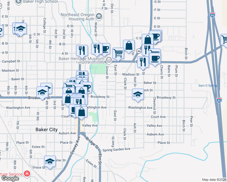 map of restaurants, bars, coffee shops, grocery stores, and more near 2239 East Street in Baker City