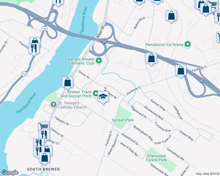 map of restaurants, bars, coffee shops, grocery stores, and more near 75 Grove Street in Brewer
