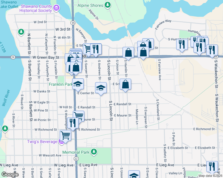 map of restaurants, bars, coffee shops, grocery stores, and more near 319 South Union Street in Shawano