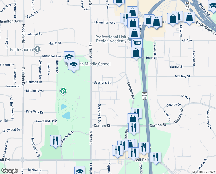 map of restaurants, bars, coffee shops, grocery stores, and more near 2516 Sessions Street in Eau Claire
