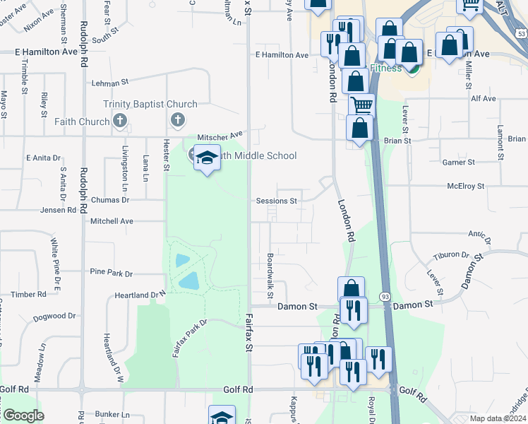 map of restaurants, bars, coffee shops, grocery stores, and more near 2328 Sessions Street in Eau Claire