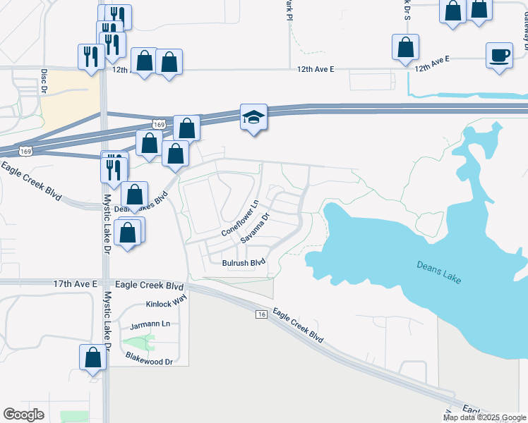map of restaurants, bars, coffee shops, grocery stores, and more near 4660 Woodland Avenue in Shakopee