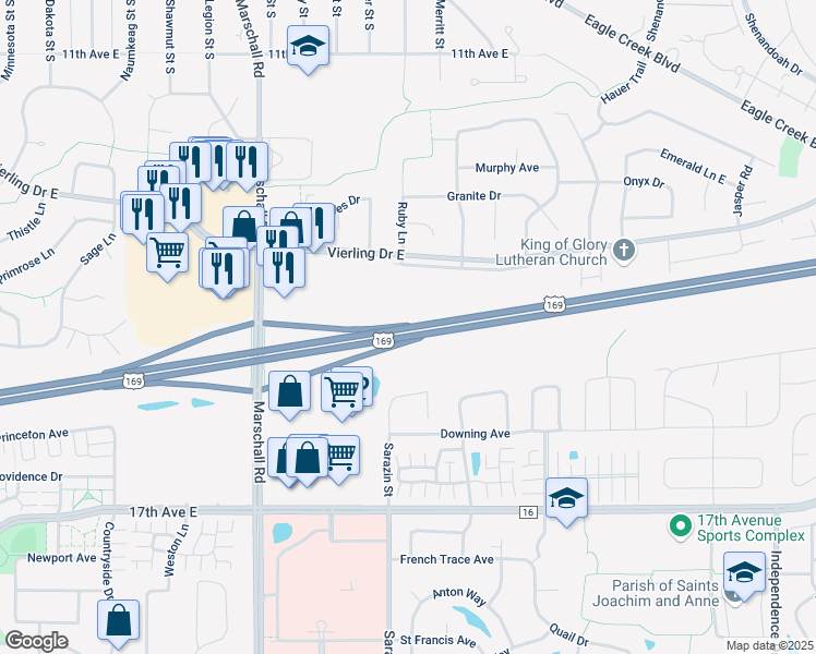 map of restaurants, bars, coffee shops, grocery stores, and more near U.S. 169 in Shakopee