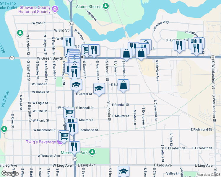 map of restaurants, bars, coffee shops, grocery stores, and more near 319 South Union Street in Shawano