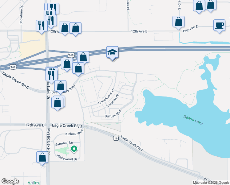 map of restaurants, bars, coffee shops, grocery stores, and more near 1421 Coneflower Lane in Shakopee
