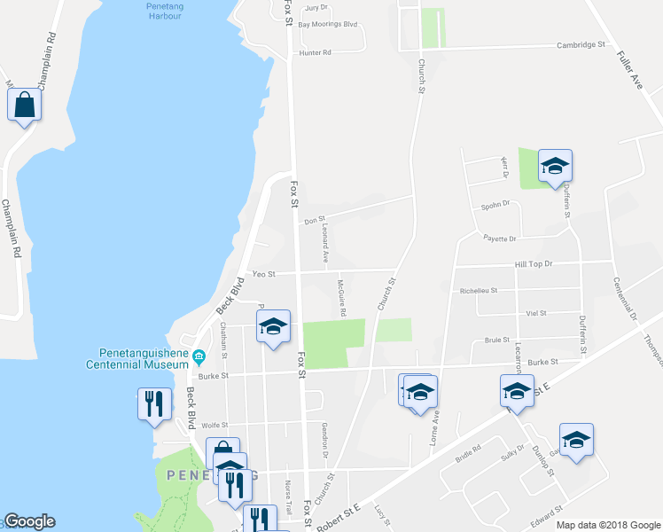 map of restaurants, bars, coffee shops, grocery stores, and more near 1 Leonard Avenue in Penetanguishene