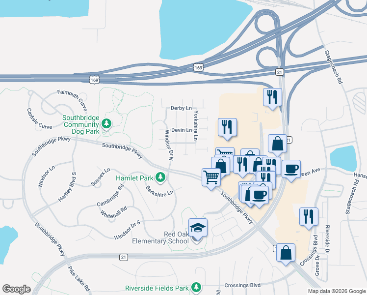 map of restaurants, bars, coffee shops, grocery stores, and more near 7495 Hampton Lane in Shakopee