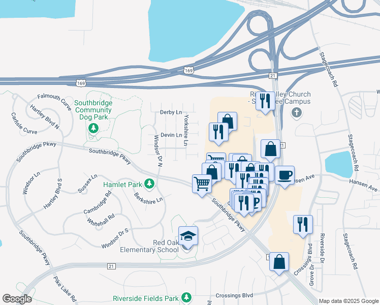 map of restaurants, bars, coffee shops, grocery stores, and more near 1527 Yorkshire Lane in Shakopee