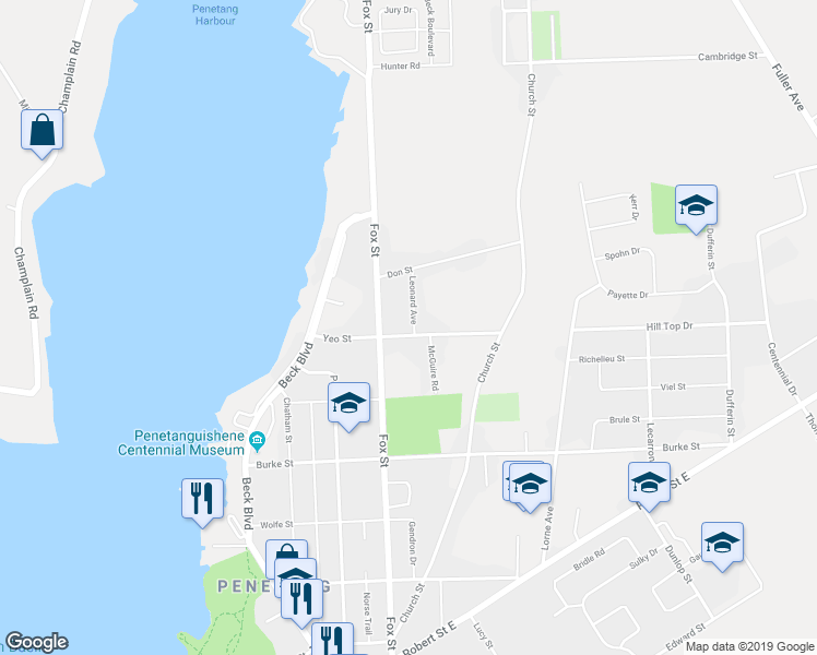 map of restaurants, bars, coffee shops, grocery stores, and more near 93 Fox Street in Penetanguishene