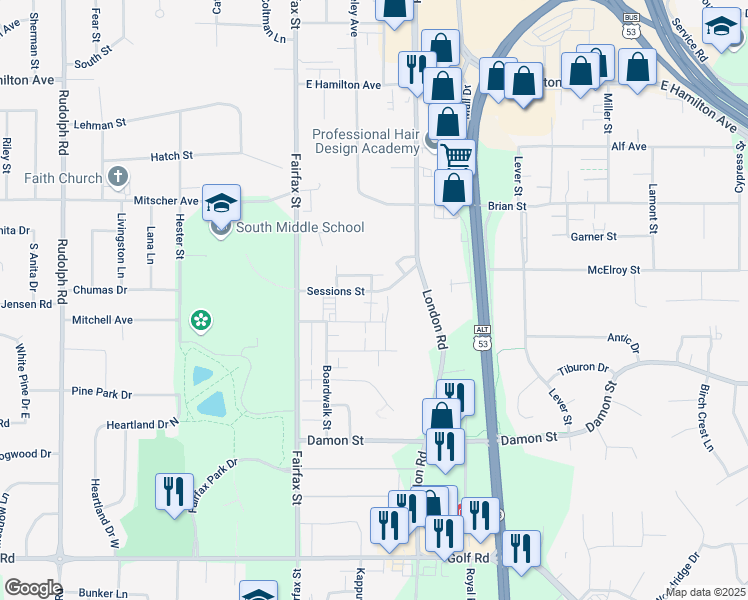 map of restaurants, bars, coffee shops, grocery stores, and more near 2516 Sessions Street in Eau Claire