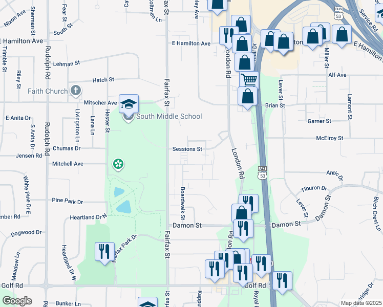 map of restaurants, bars, coffee shops, grocery stores, and more near 2516 Sessions Street in Eau Claire