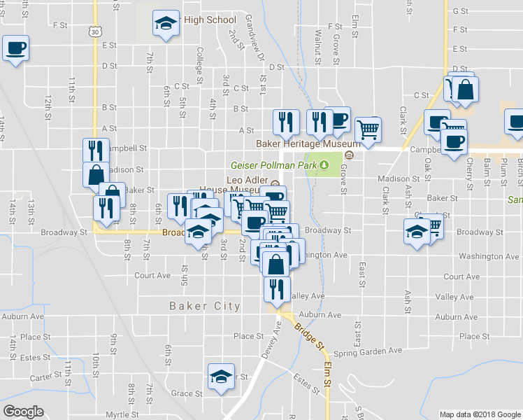 map of restaurants, bars, coffee shops, grocery stores, and more near 1st Street in Baker City