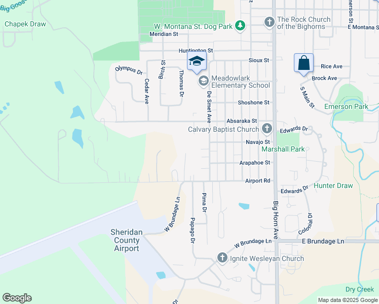 map of restaurants, bars, coffee shops, grocery stores, and more near 1749 Zuni Drive in Sheridan