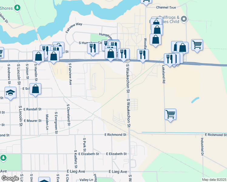 map of restaurants, bars, coffee shops, grocery stores, and more near 251 South Waukechon Street in Shawano