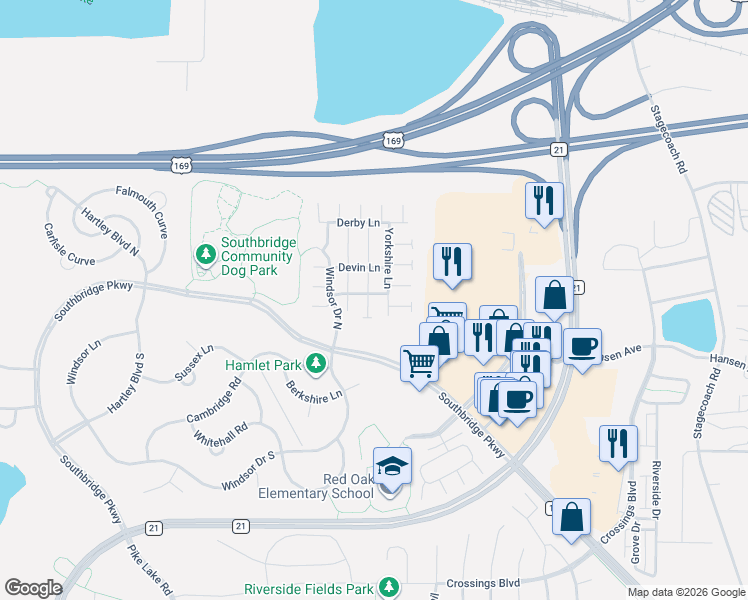 map of restaurants, bars, coffee shops, grocery stores, and more near 7495 Hampton Lane in Shakopee