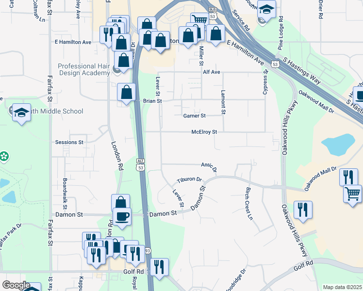 map of restaurants, bars, coffee shops, grocery stores, and more near 3211 McElroy Street in Eau Claire
