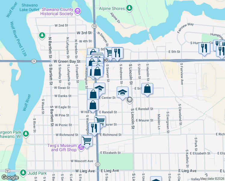 map of restaurants, bars, coffee shops, grocery stores, and more near 220 East Division Street in Shawano