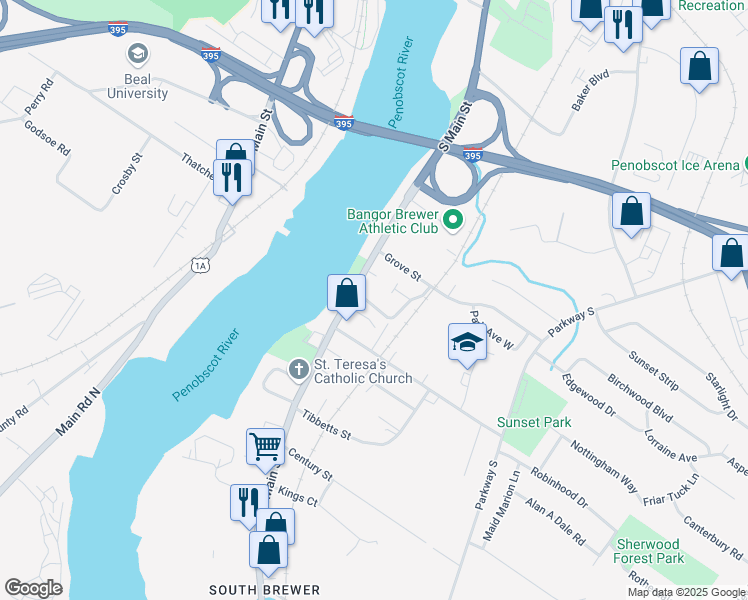 map of restaurants, bars, coffee shops, grocery stores, and more near 8 Elmwood Street in Brewer