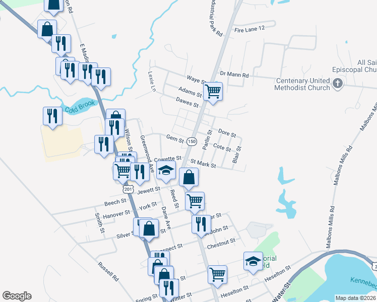 map of restaurants, bars, coffee shops, grocery stores, and more near 184 North Avenue in Skowhegan