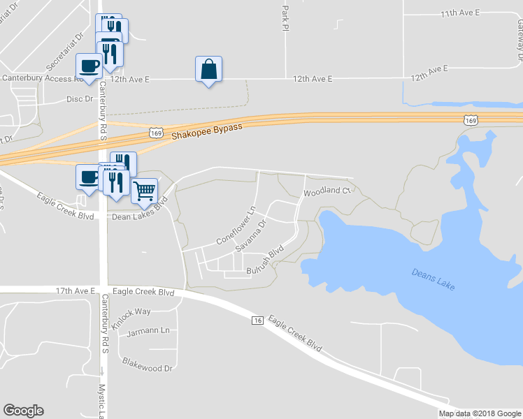 map of restaurants, bars, coffee shops, grocery stores, and more near 4723 Woodland Avenue in Shakopee