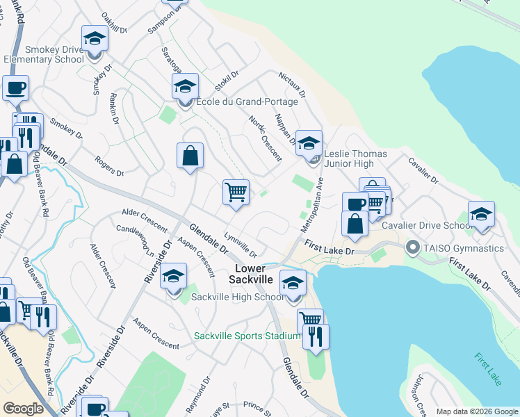 map of restaurants, bars, coffee shops, grocery stores, and more near 40 Lumsden Crescent in Lower Sackville