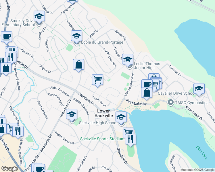 map of restaurants, bars, coffee shops, grocery stores, and more near 40 Lumsden Crescent in Lower Sackville