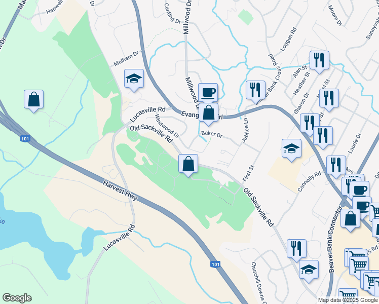 map of restaurants, bars, coffee shops, grocery stores, and more near 77 Windwood Drive in Middle Sackville