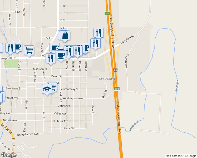 map of restaurants, bars, coffee shops, grocery stores, and more near 555 Baker Street in Baker City