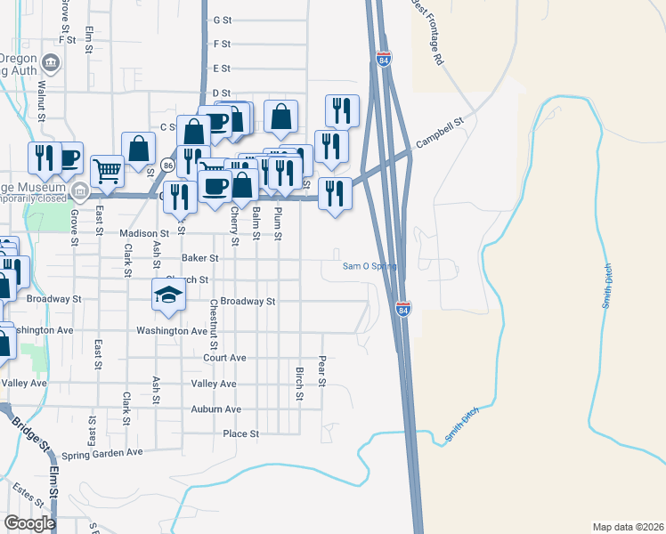 map of restaurants, bars, coffee shops, grocery stores, and more near 555 Baker Street in Baker City