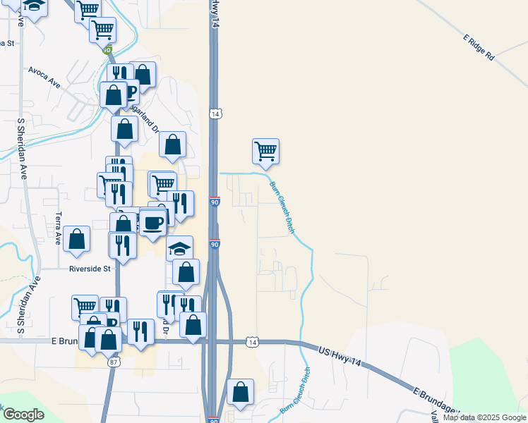 map of restaurants, bars, coffee shops, grocery stores, and more near 1629 Commercial Avenue in Sheridan