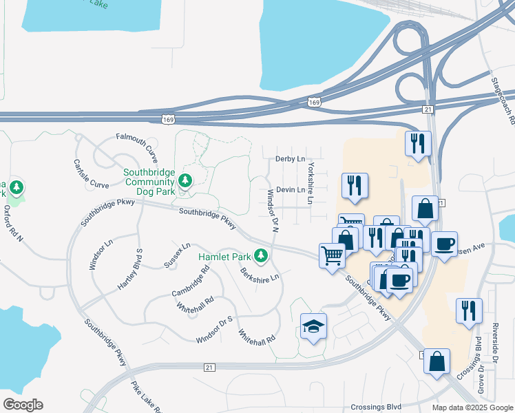 map of restaurants, bars, coffee shops, grocery stores, and more near 7350 Windsor Drive North in Shakopee